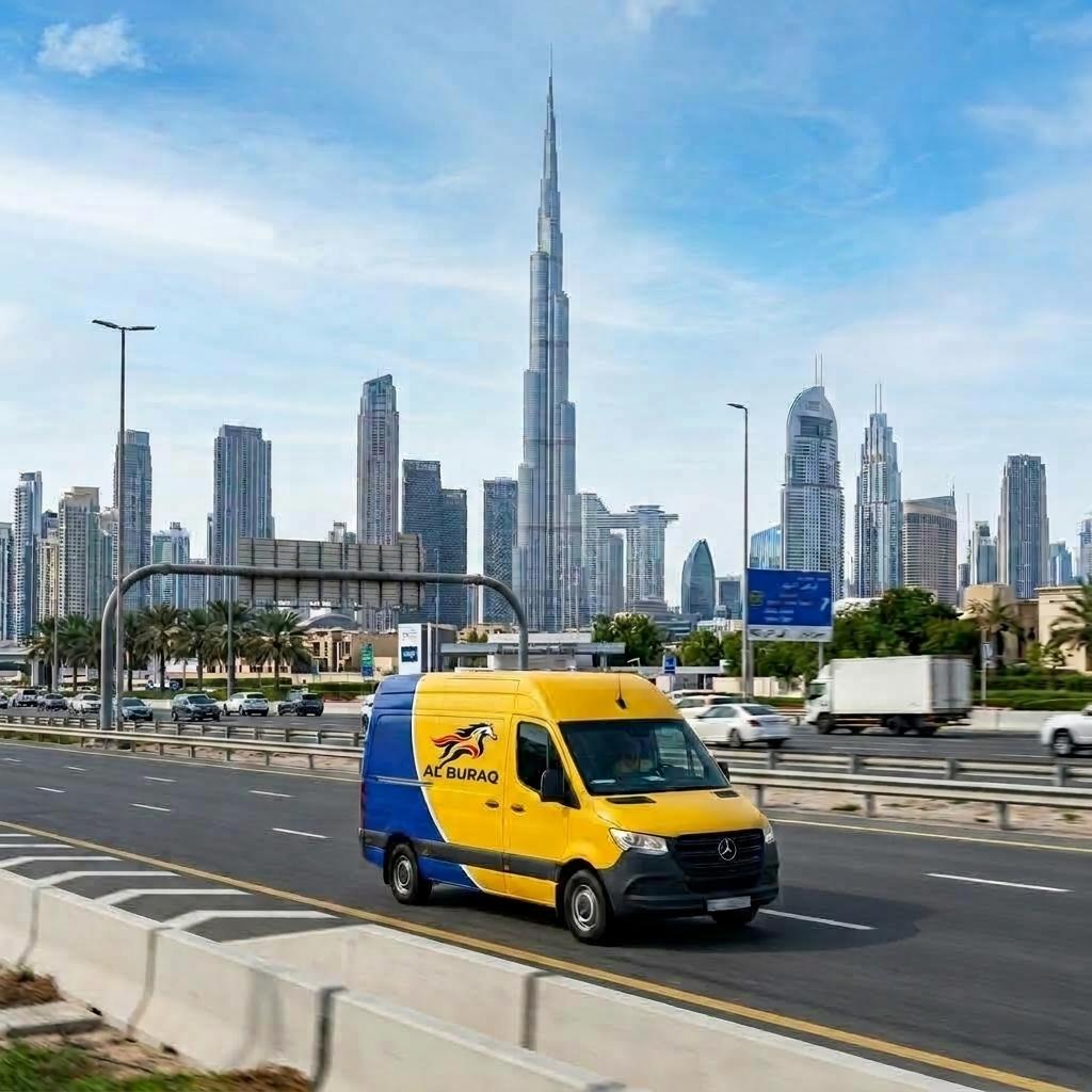 Al Buraq branded service van on a coastal UAE highway
